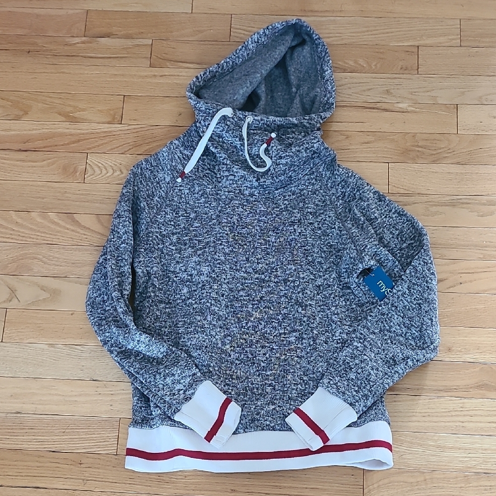 Gray Hooded Sweater with Red and White Accents